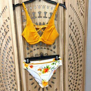 Cupshe Two-Piece Swimsuit – Mustard Yellow Top & Floral Bottom (Size S, NWOT)